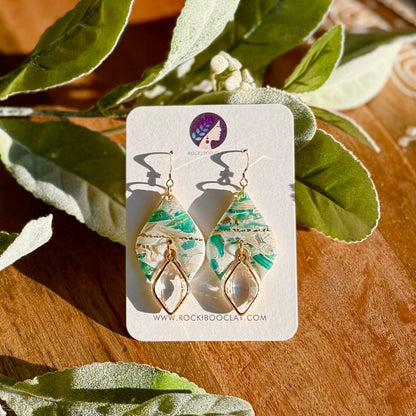 Local handmade hypoallergenic polymer clay earrings featuring unique designs and elegant gold settings.