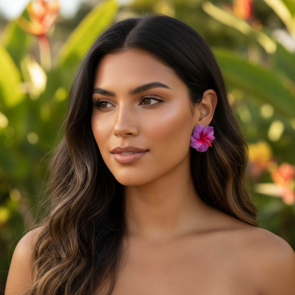 Purple flower earrings on a branded card with a blurred background